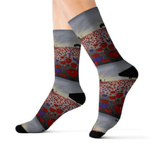Load image into Gallery viewer, Step out in style with these funky socks! 3 sizes. Ribbed tube, cushioned bottoms, sublimated print by Kerry Sandhu Art
