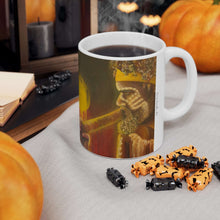 Load image into Gallery viewer, 11oz BPA, lead-free, microwave/dishwasher safe, white ceramic, vivid colours. Many original artworks by Kerry Sandhu Art
