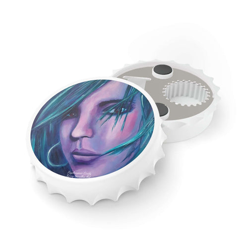 Plastic exterior w/ metallic bottom, magnetic back, 2 different opening mechanisms, matte finish. Art by Kerry Sandhu Art