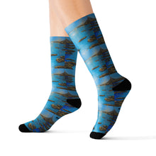 Load image into Gallery viewer, Step out in style with these funky socks! 3 sizes. Ribbed tube, cushioned bottoms, sublimated print by Kerry Sandhu Art
