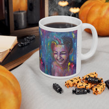 Load image into Gallery viewer, 11oz BPA, lead-free, microwave/dishwasher safe, white ceramic, vivid colours. Many original artworks by Kerry Sandhu Art
