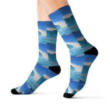 Load image into Gallery viewer, Step out in style with these funky socks! 3 sizes. Ribbed tube, cushioned bottoms, sublimated print by Kerry Sandhu Art
