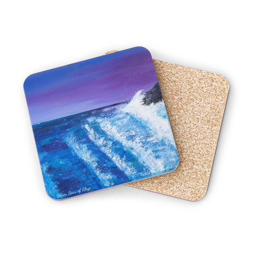 Corkwood underside, glossy finish on top. 1 or 4 pc sets. 9.5 x 9.5cm. Waves crashing on rocks with a magenta sunset