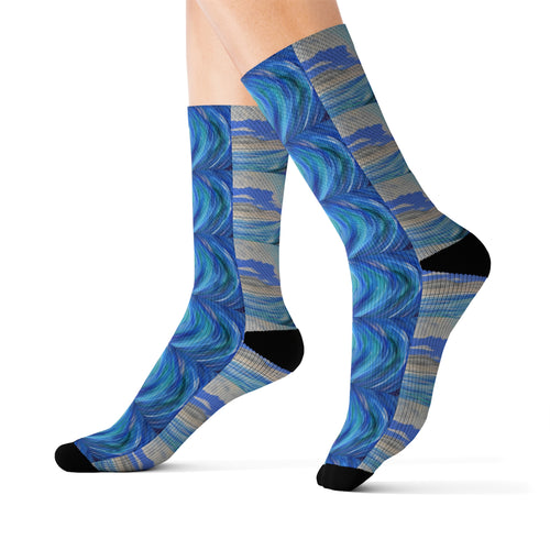 Step out in style with these funky socks! 3 sizes. Ribbed tube, cushioned bottoms, sublimated print by Kerry Sandhu Art