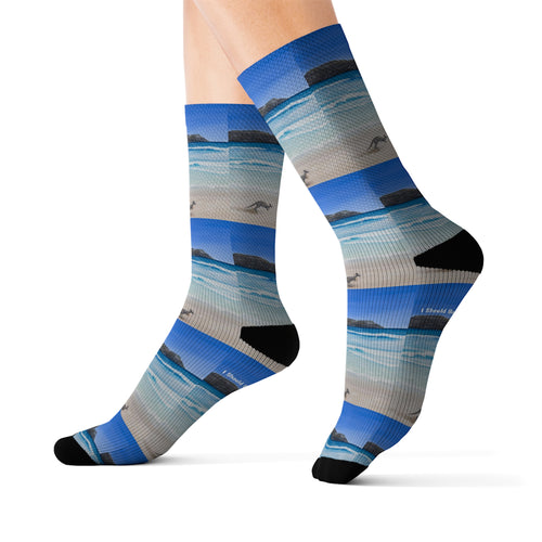 Step out in style with these funky socks! 3 sizes. Ribbed tube, cushioned bottoms, sublimated print by Kerry Sandhu Art