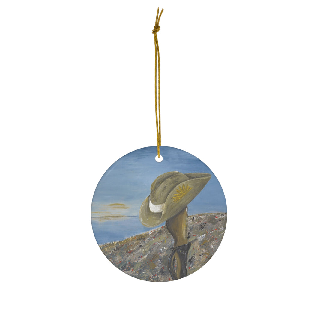 Original artwork front, description on back. Thick high-quality porcelain. 7cm diameter. Comes w/ ribbon by Kerry Sandhu Art