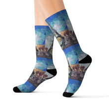 Load image into Gallery viewer, Step out in style with these funky socks! 3 sizes. Ribbed tube, cushioned bottoms, sublimated print by Kerry Sandhu Art
