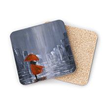 Load image into Gallery viewer, Corkwood underside, glossy finish on top. 1 or 4 pc sets. 9.5x9.5cm. Lady wearing red w/ umbrella, city &amp; water reflections
