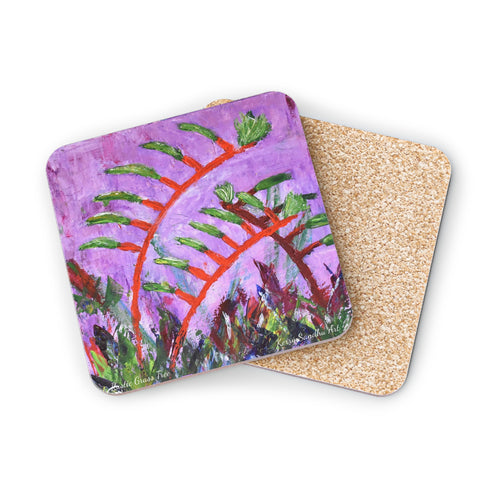 Corkwood underside, glossy finish on top. 1 or 4 pc sets. 9.5 x 9.5cm. Impressionistic painting of kangaroo paw flowers
