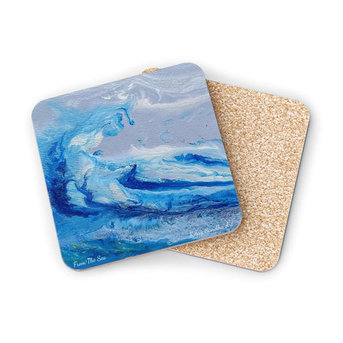 Corkwood underside, glossy finish on top. 1 or 4 pc sets. 9.5 x 9.5cm. Abstract fluid painting of a sea and wave
