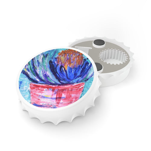 Plastic exterior w/ metallic bottom, magnetic back, 2 different opening mechanisms, matte finish. Art by Kerry Sandhu Art