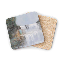 Load image into Gallery viewer, Corkwood underside, glossy finish on top. 1 or 4 pc sets. 9.5 x 9.5cm. Mystical waterfall with a hidden door to another world
