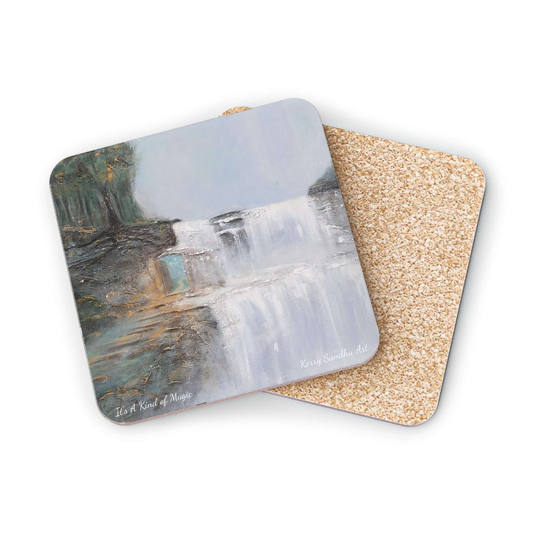 Corkwood underside, glossy finish on top. 1 or 4 pc sets. 9.5 x 9.5cm. Mystical waterfall with a hidden door to another world