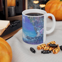 Load image into Gallery viewer, 11oz BPA, lead-free, microwave/dishwasher safe, white ceramic, vivid colours. Many original artworks by Kerry Sandhu Art
