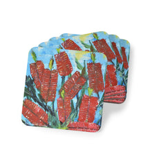 Load image into Gallery viewer, Corkwood underside, glossy finish on top. 1 or 4 pc sets. 9.5 x 9.5cm. Impressionistic painting of red bottle brush flowers
