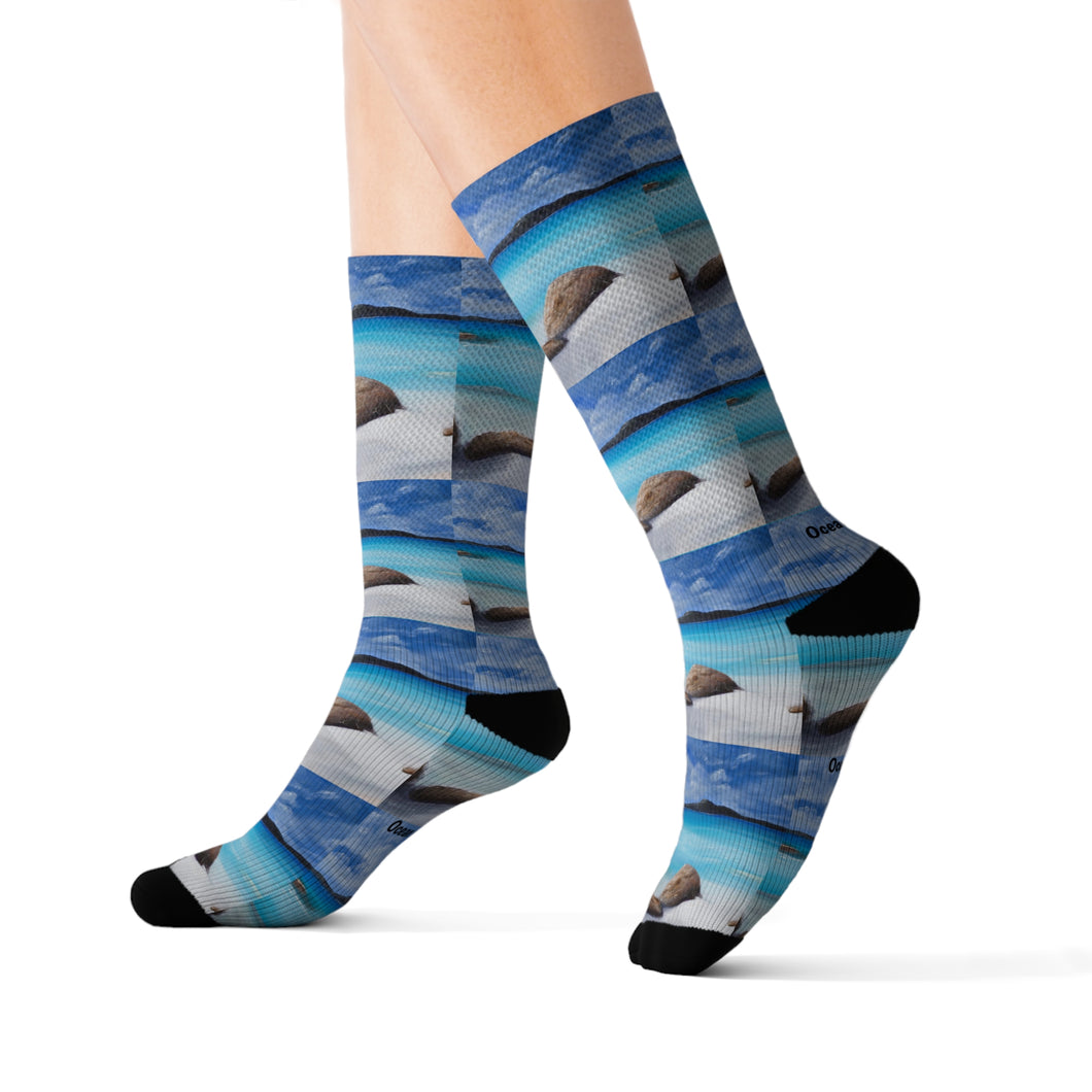 Step out in style with these funky socks! 3 sizes. Ribbed tube, cushioned bottoms, sublimated print by Kerry Sandhu Art