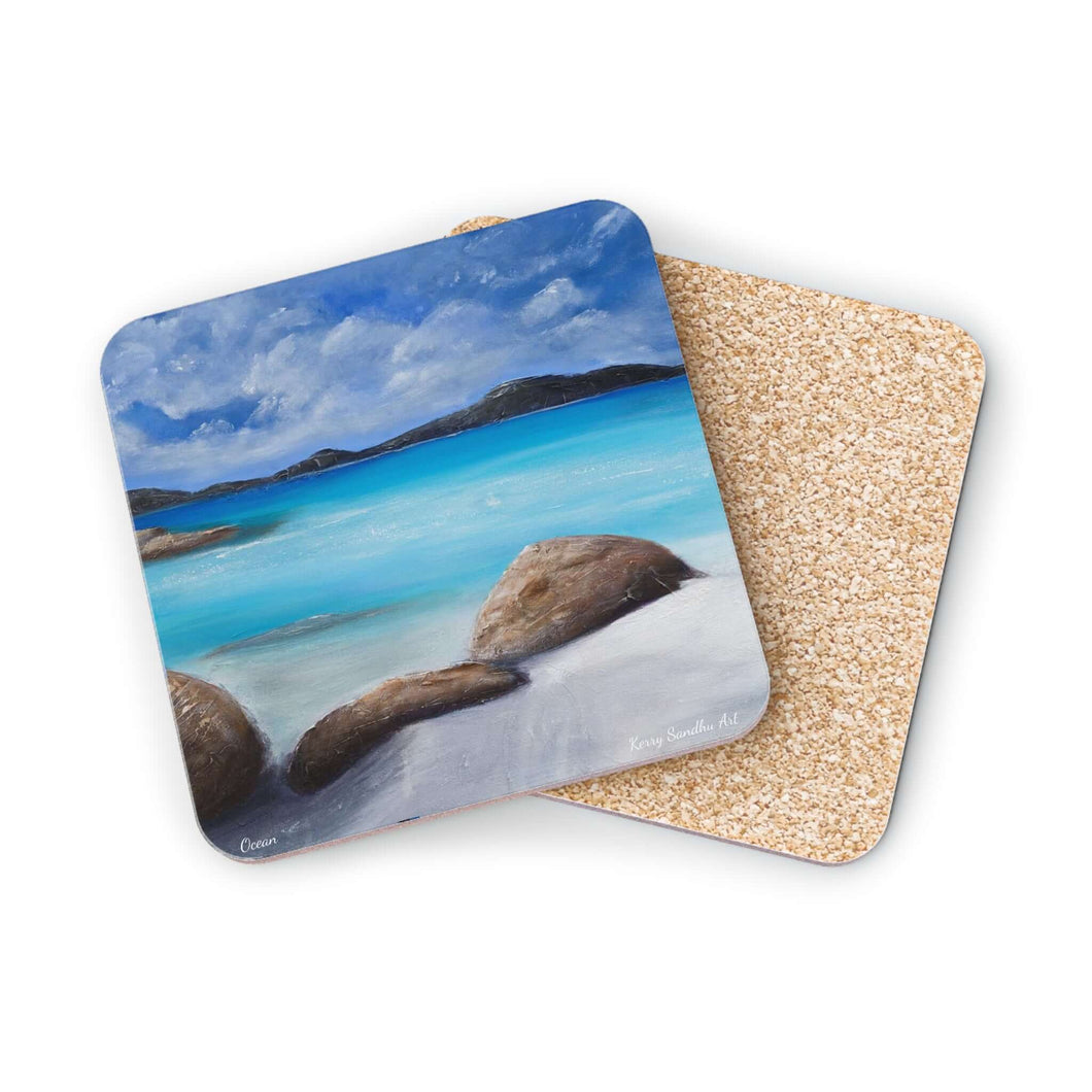 Corkwood underside, glossy finish on top. 1 or 4 pc sets. 9.5x9.5cm. Turquoise ocean, beach rocks, Denmark Western Australia.