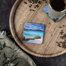 Load image into Gallery viewer, Corkwood underside, glossy finish on top. 1 or 4 pc sets. 9.5x9.5cm. Turquoise ocean, beach rocks, Denmark Western Australia.
