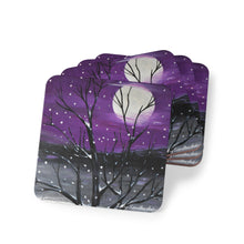 Load image into Gallery viewer, Corkwood underside, glossy finish on top. 1 or 4 pc sets. 9.5 x 9.5cm. Snowscape, tree &amp; a full moon with a purple background
