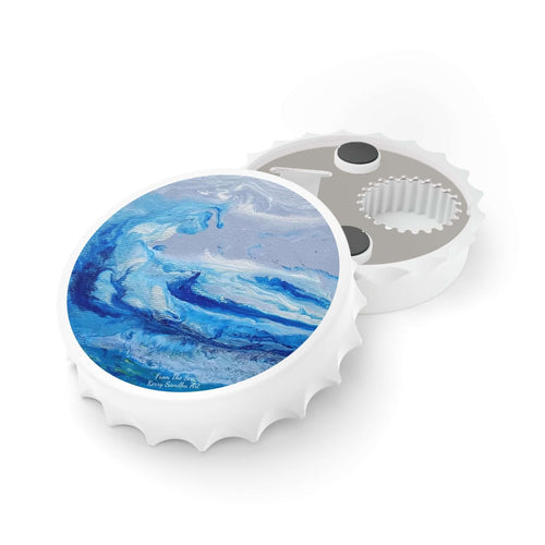 Plastic exterior w/ metallic bottom, magnetic back, 2 different opening mechanisms, matte finish. Art by Kerry Sandhu Art