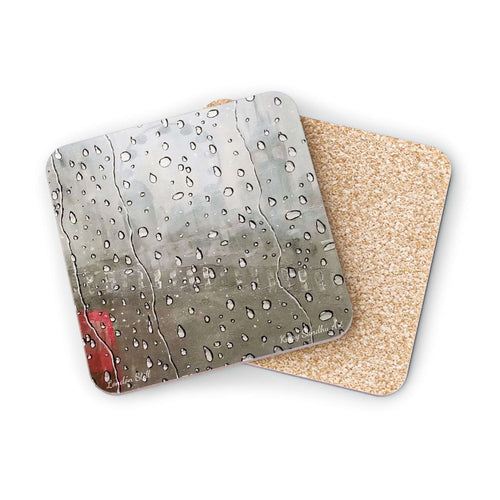 Corkwood underside, glossy finish on top. 1 or 4 pc sets. 9.5x9.5cm. Raindrops on window with a misty London skyline outside