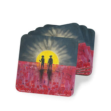 Load image into Gallery viewer, Corkwood underside, glossy finish on top. 1 or 4 pc sets. 9.5 x 9.5cm. First Nations man &amp; soldier, abstract aboriginal flag
