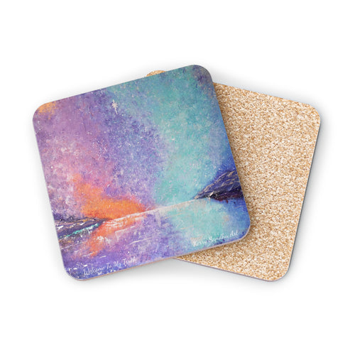 Corkwood underside, glossy finish on top. 1 or 4 pc sets. 9.5 x 9.5cm. Mystical colourful sky w/ a soul star guiding the way