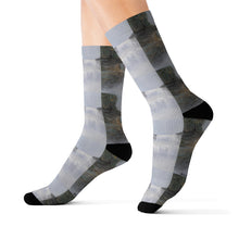 Load image into Gallery viewer, Step out in style with these funky socks! 3 sizes. Ribbed tube, cushioned bottoms, sublimated print by Kerry Sandhu Art

