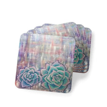 Load image into Gallery viewer, Corkwood underside, glossy finish on top. Available in 1 or 4 pc sets. 9.5x9.5cm. Succulent cactus on an abstract background
