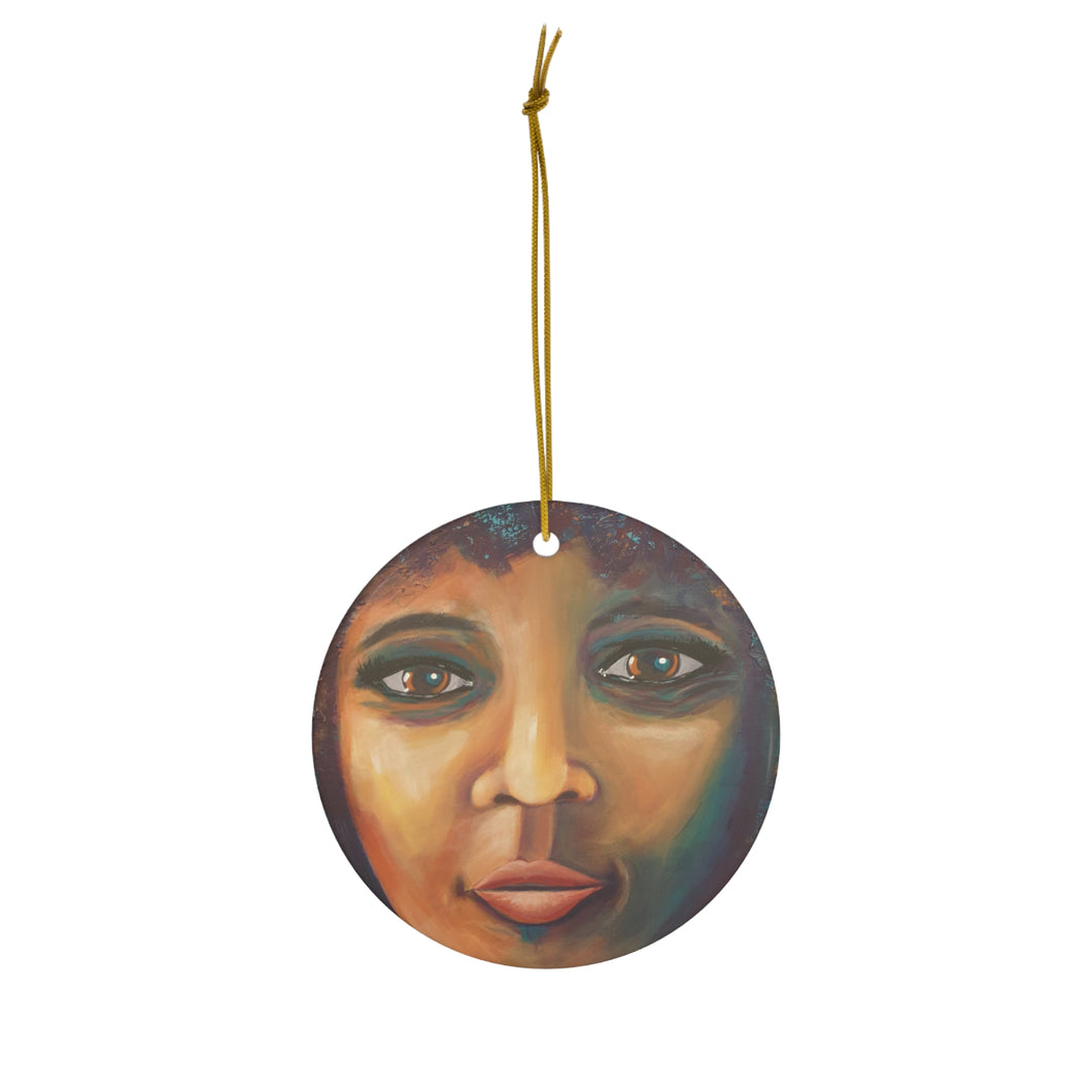 Original artwork front, description on back. Thick high-quality porcelain. 7cm diameter. Comes w/ ribbon by Kerry Sandhu Art