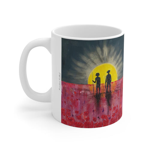 11oz BPA, lead-free, microwave/dishwasher safe, white ceramic, vivid colours. Many original artworks by Kerry Sandhu Art