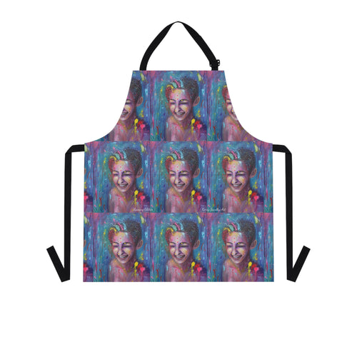 Apron - lightweight, silky finish 100% polyester, two front pockets. Many original artwork designs by Kerry Sandhu Art