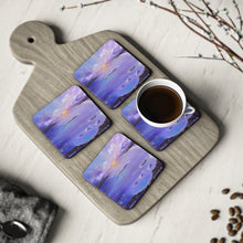 Load image into Gallery viewer, Corkwood underside, glossy finish on top. 1 or 4 pc sets. 9.5 x 9.5cm. Coastal sunset of beautiful purple hues and sunrays
