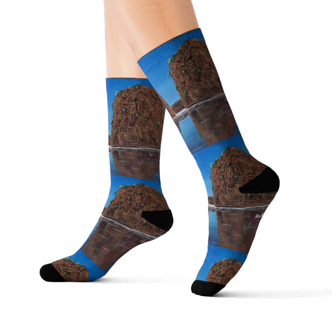 Step out in style with these funky socks! 3 sizes. Ribbed tube, cushioned bottoms, sublimated print by Kerry Sandhu Art