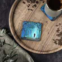 Load image into Gallery viewer, Corkwood underside, glossy finish on top. 1 or 4 pc sets. 9.5 x 9.5cm. Mystical &amp; spiritual couple in white light in a forest
