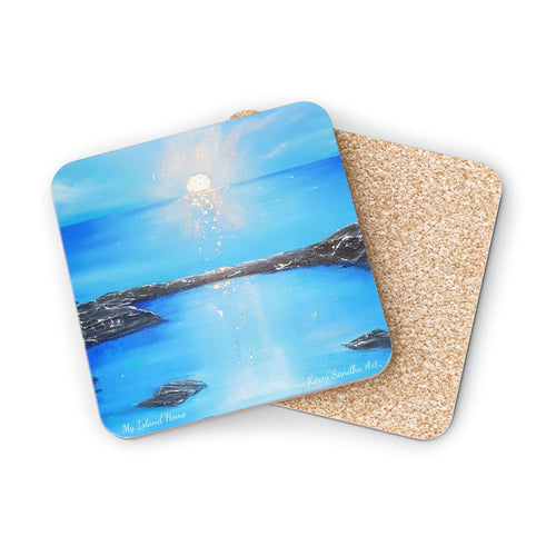 Corkwood underside, glossy finish on top. 1 or 4 pc sets. 9.5 x 9.5cm. Blue sea at sunset / sunrise
