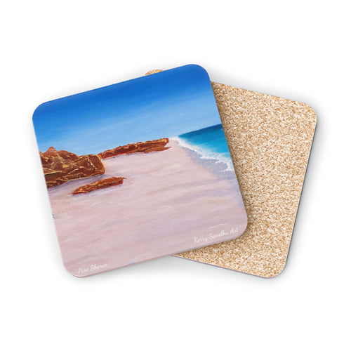 Corkwood underside, glossy finish on top. 1 or 4 pc sets. 9.5 x 9.5cm. Gantheaume Point, Broome Western Australia.