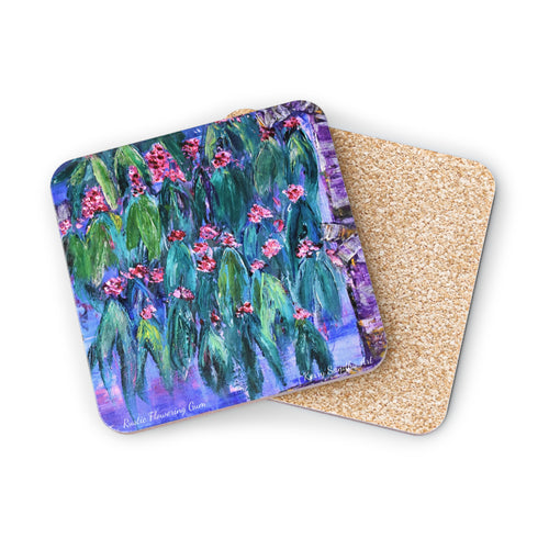 Corkwood underside, glossy finish on top. 1 or 4 pc sets. 9.5 x 9.5cm. Impressionistic painting of a flowering gum tree
