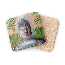 Load image into Gallery viewer, Corkwood underside, glossy finish on top. 1 or 4 pc sets. 9.5 x 9.5cm. Peaceful Buddha statue water fountain w/ bamboo behind
