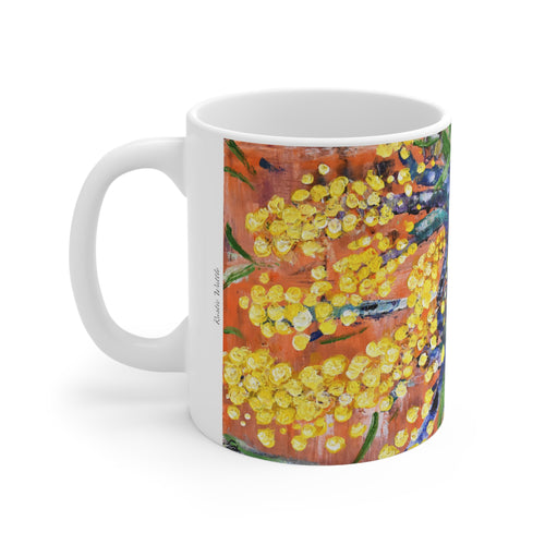 11oz BPA, lead-free, microwave/dishwasher safe, white ceramic, vivid colours. Many original artworks by Kerry Sandhu Art