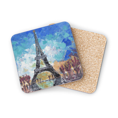 Corkwood underside, glossy finish on top. 1 or 4 pc sets. 9.5 x 9.5cm. Impressionistic painting of the iconic Eiffel Tower