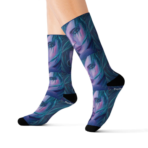 Step out in style with these funky socks! 3 sizes. Ribbed tube, cushioned bottoms, sublimated print by Kerry Sandhu Art