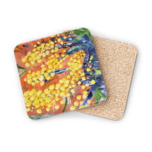 Load image into Gallery viewer, Corkwood underside, glossy finish on top. 1 or 4 pc sets. 9.5 x 9.5cm. Impressionistic painting of golden wattle flowers
