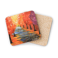 Load image into Gallery viewer, Corkwood underside, glossy finish on top. Available in 1 or 4 pc sets. 9.5 x 9.5cm. Autumn / Fall trees, leaves, reflections
