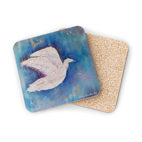 Corkwood underside, glossy finish on top. 1 or 4 pc sets. 9.5 x 9.5cm. White bird / dove flying over an abstract background