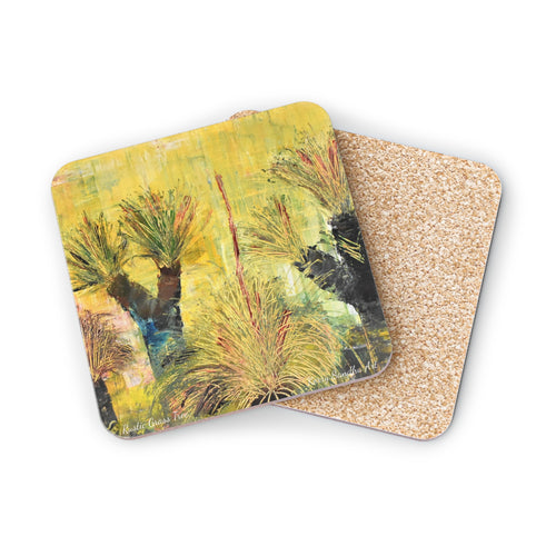 Corkwood underside, glossy finish on top. 1 or 4 pc sets. 9.5 x 9.5cm. Impressionistic painting of grass trees