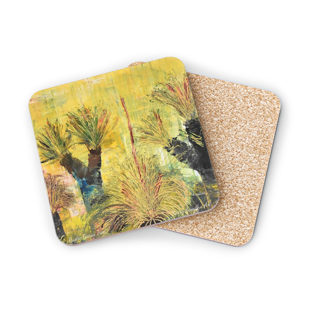 Corkwood underside, glossy finish on top. 1 or 4 pc sets. 9.5 x 9.5cm. Impressionistic painting of grass trees