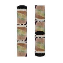 Load image into Gallery viewer, Step out in style with these funky socks! 3 sizes. Ribbed tube, cushioned bottoms, sublimated print by Kerry Sandhu Art
