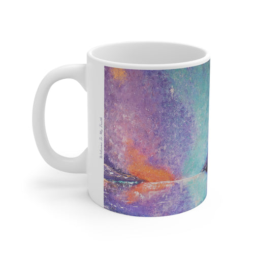 11oz BPA, lead-free, microwave/dishwasher safe, white ceramic, vivid colours. Many original artworks by Kerry Sandhu Art