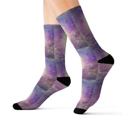 Step out in style with these funky socks! 3 sizes. Ribbed tube, cushioned bottoms, sublimated print by Kerry Sandhu Art